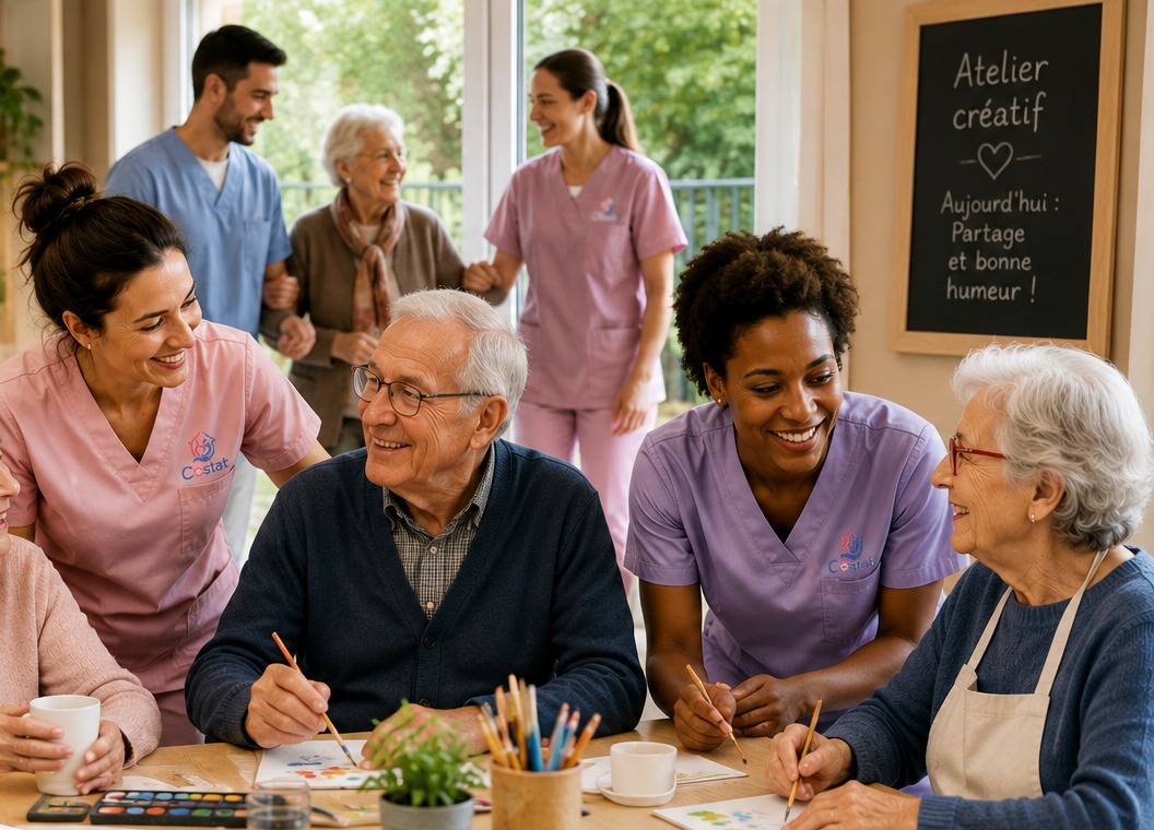 Auxiliaires de vie et bénéficiaires lors d'un atelier créatif partagé